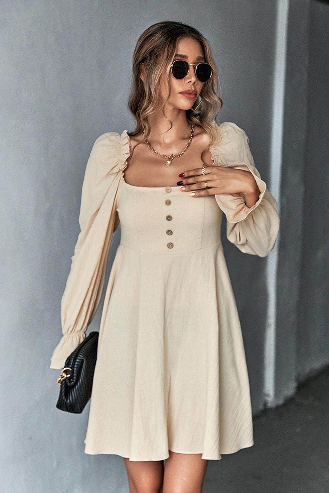 Amy - elegant puff sleeve A-line mini dress