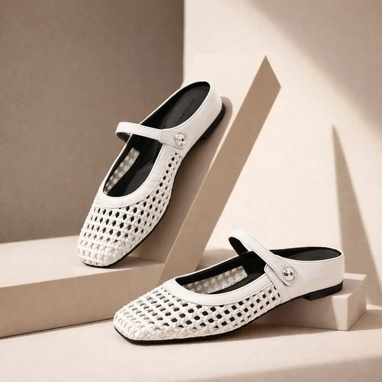 Women's Mary Jane Mules Woven Flat Slip On Shoes