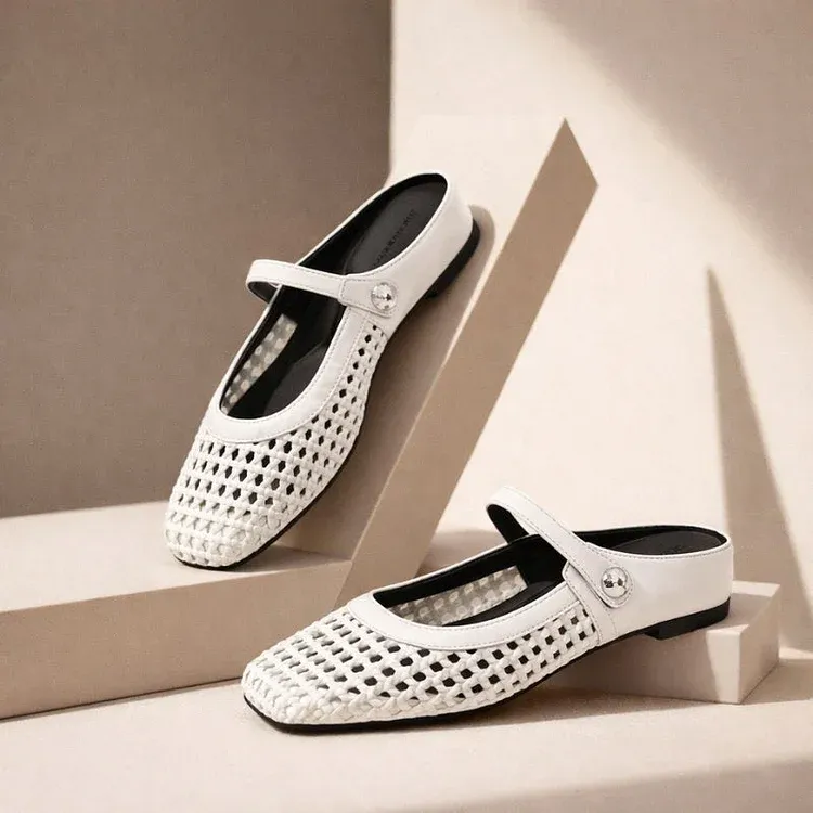 Women's Mary Jane Mules Woven Flat Slip On Shoes
