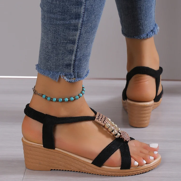 Beaded Mid Heel Slope Heel Flat Open Toe Sandals