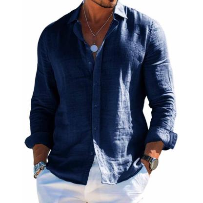 Men's Cotton and Linen Casual Solid Color Lapel Shirt