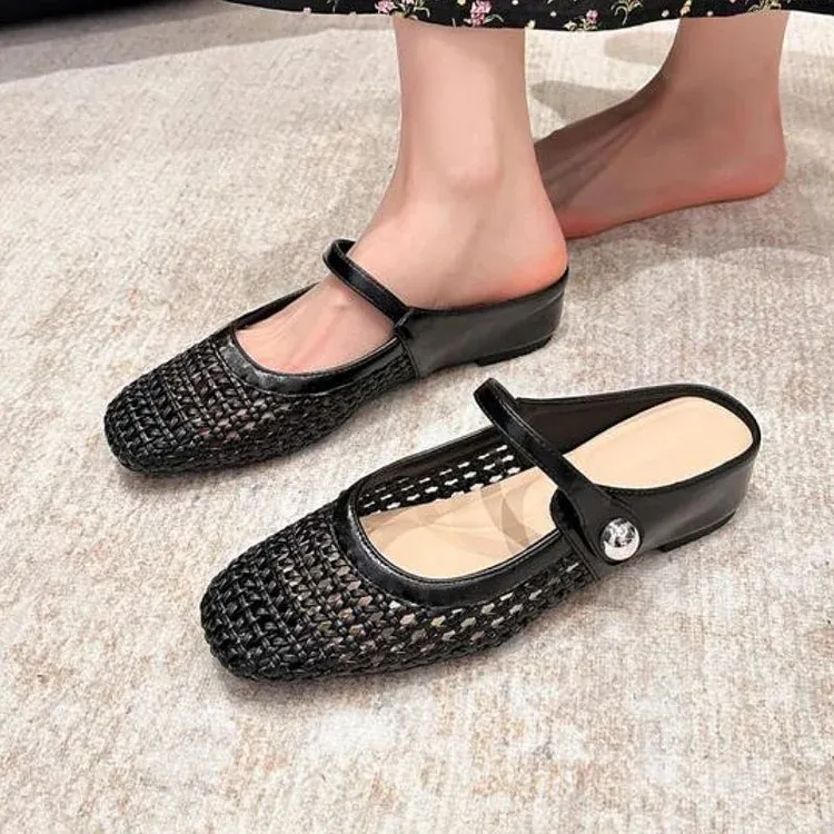 Women's Mary Jane Mules Woven Flat Slip On Shoes