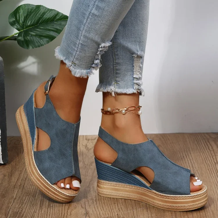 Roman peep toe platform sandals ankle strap hollow wedge sandals