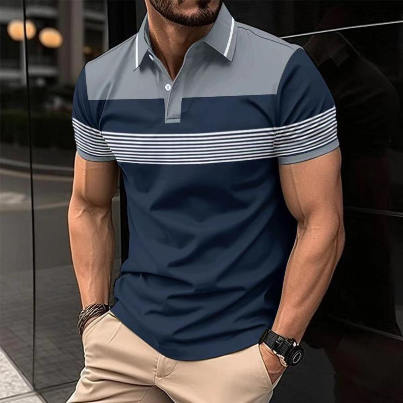 Men's Colorblock Striped Lapel Short Sleeve Casual Shirt