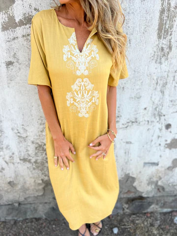 Vintage Ethnic Style Printed Long Sleeve Cotton And Linen Dress