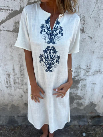Vintage Ethnic Style Printed Long Sleeve Cotton And Linen Dress