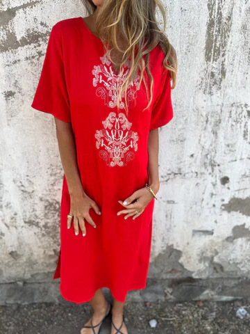 Vintage Ethnic Style Printed Long Sleeve Cotton And Linen Dress