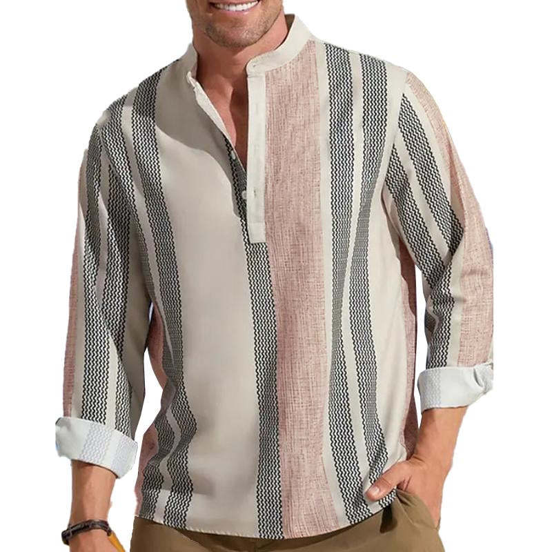 Men's V-neck Striped Print Loose Lapel Cotton Linen Shirt