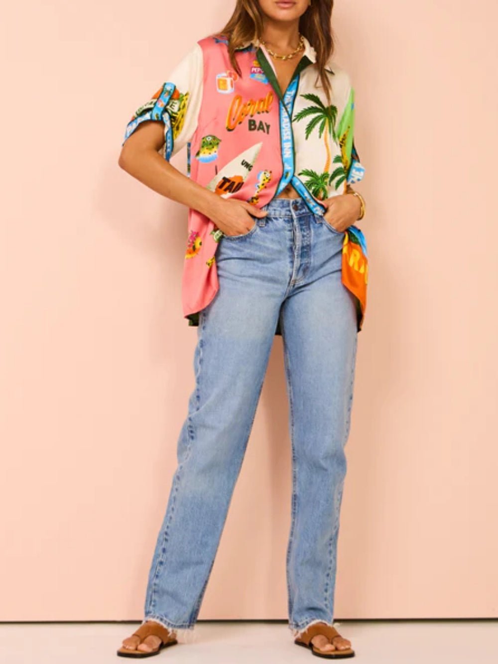 Vacation Graffiti Print Satin Casual Two-Piece Suit