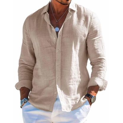 Men's Cotton and Linen Casual Solid Color Lapel Shirt