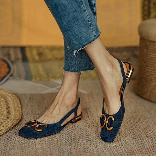 Womens Suede Solid Metallic Buckle Upper Slingback Flats