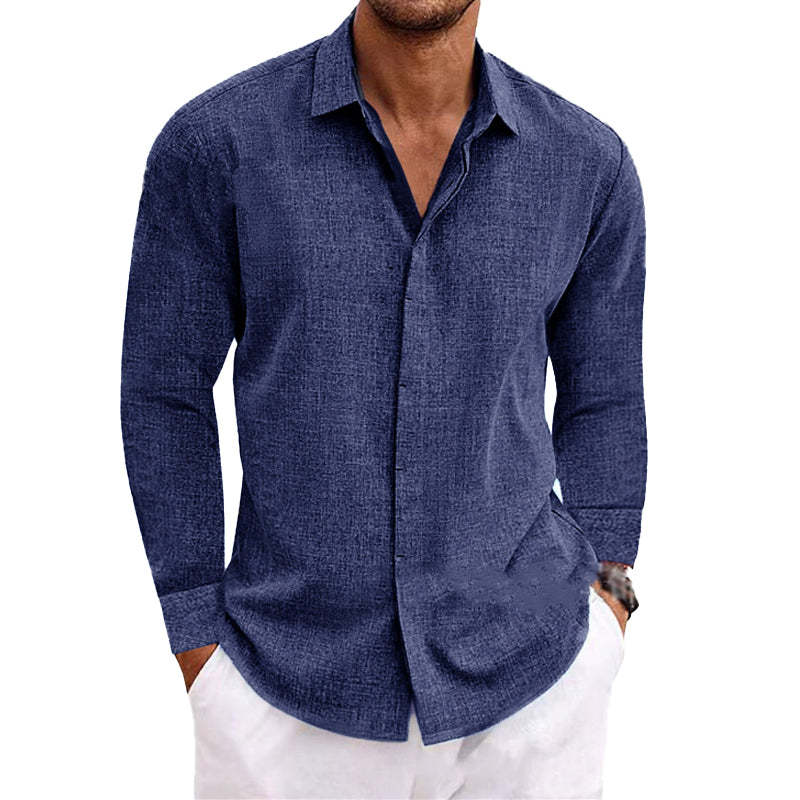 Men's Casual Loose Solid Color Cotton Linen Long Sleeve Shirt