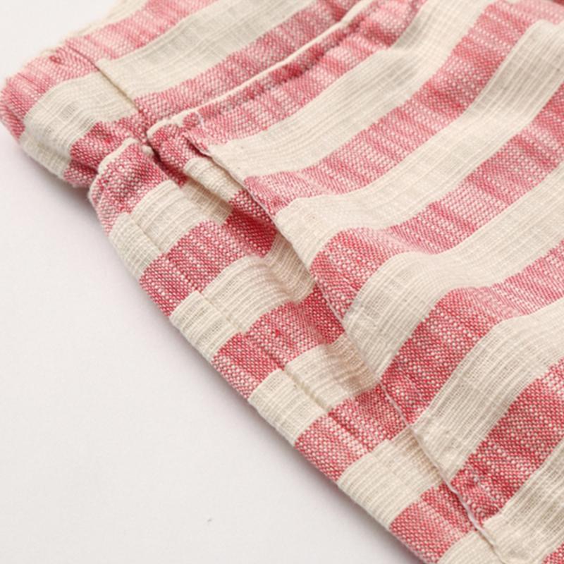 Men's Casual Cotton Linen Stripe Elastic Waist Straight Shorts