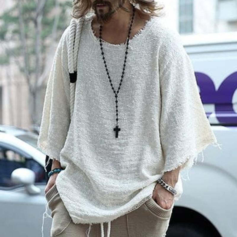 Men's Casual Loose Round Neck Raw Edge T-Shirt