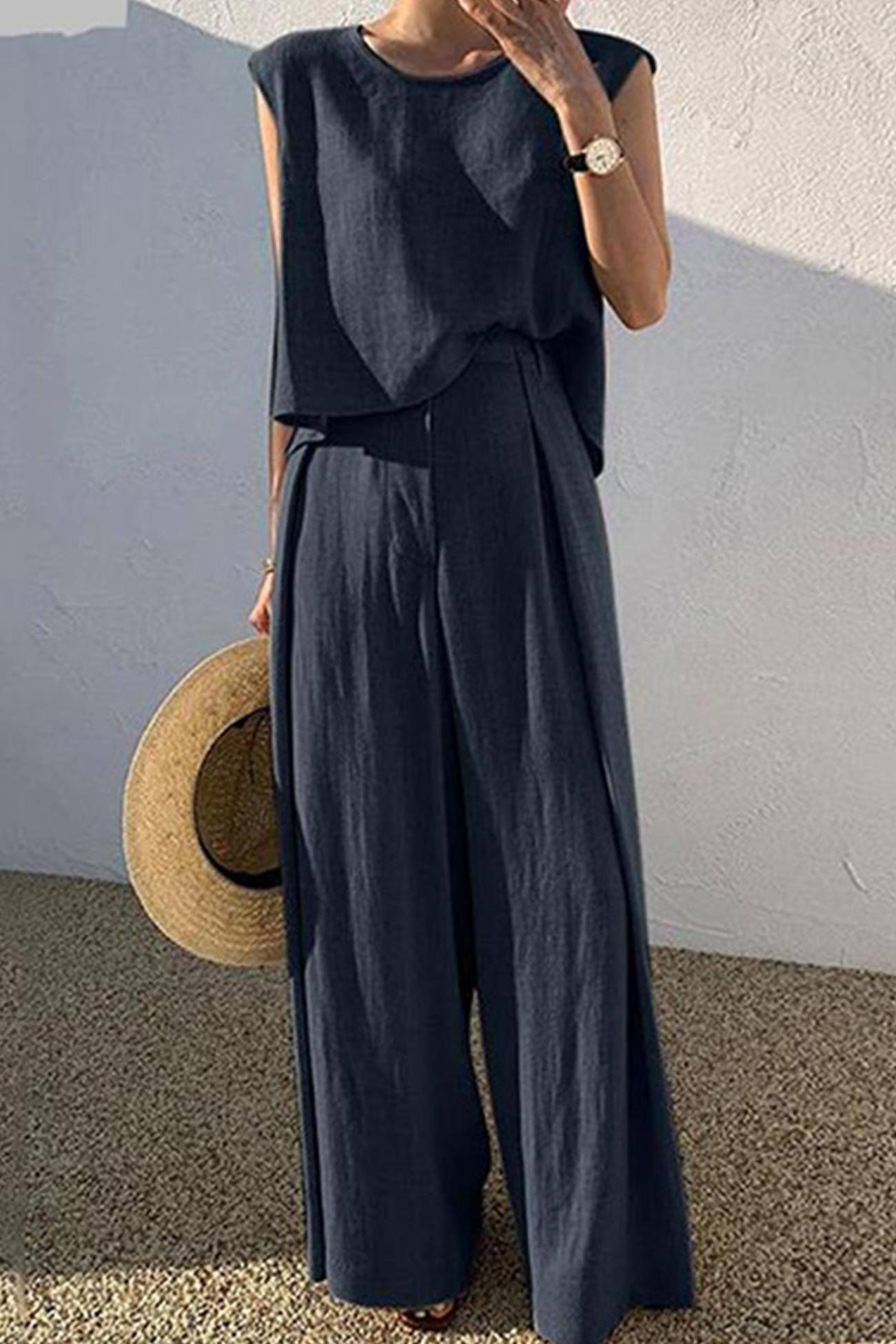 Kaiulani - round neck sleeveless top and wide leg pants set