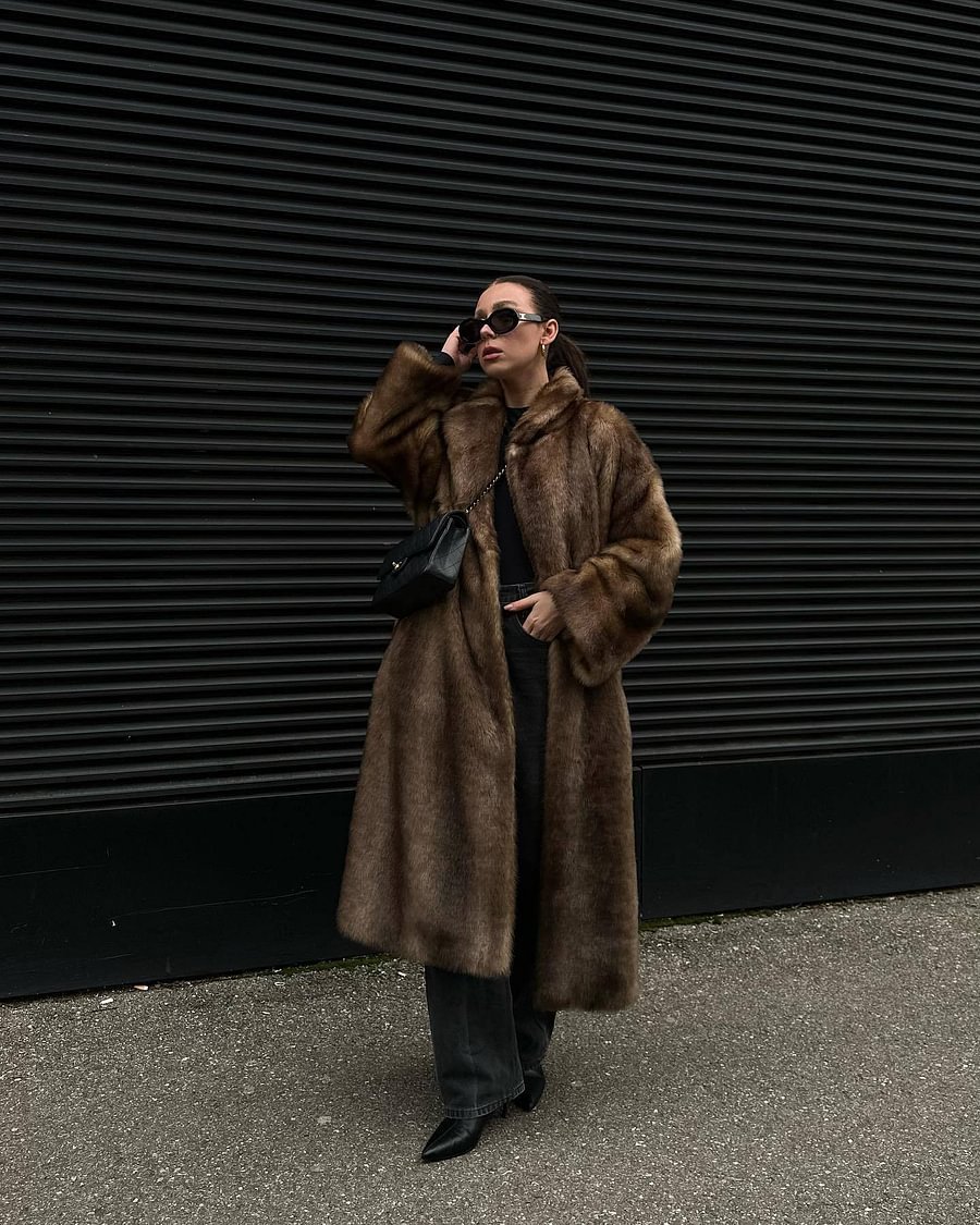 Elegant Faux Fur Trench Coat Long