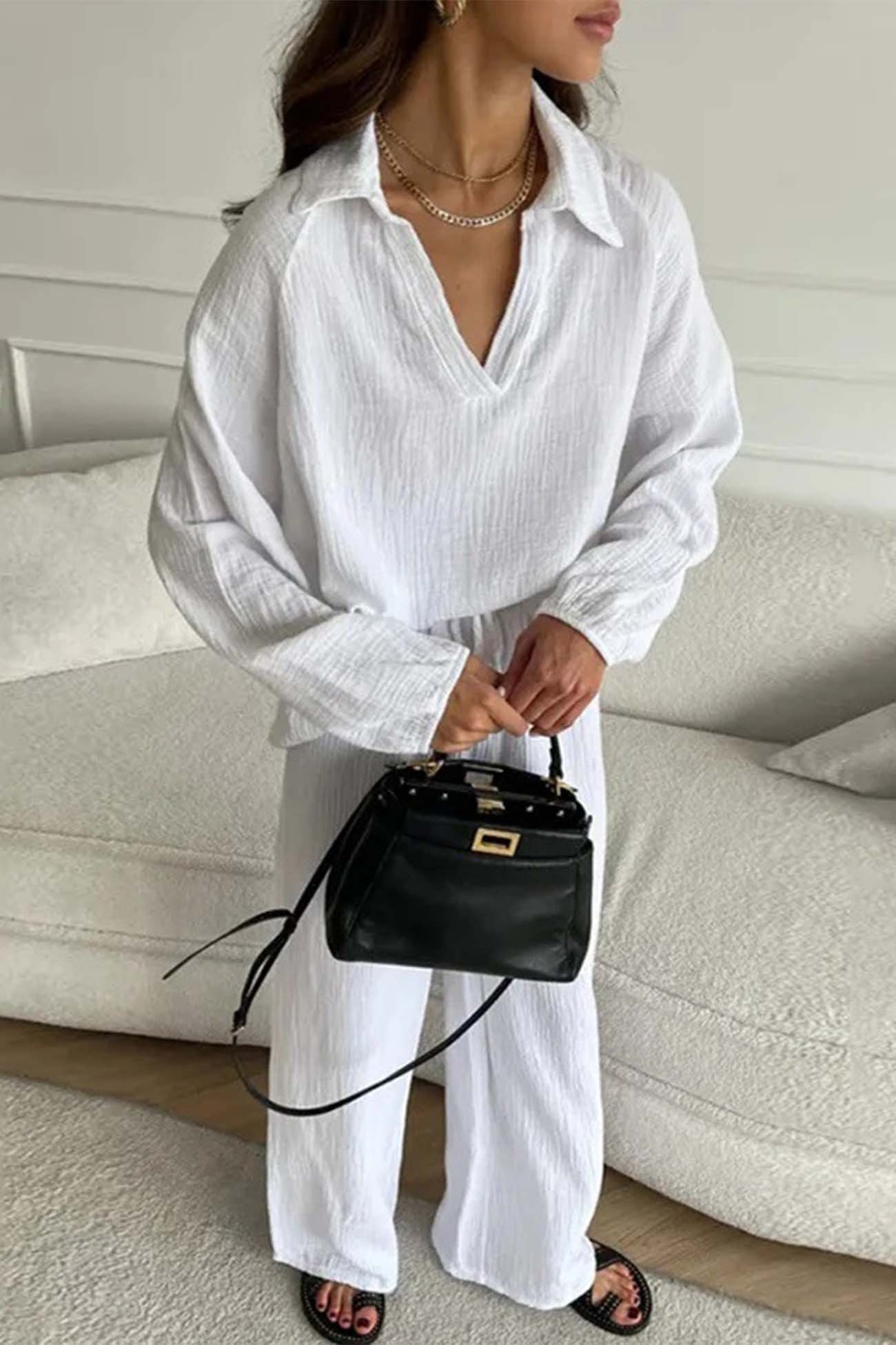 Neri - lapel drawstring wide leg pants two-piece set