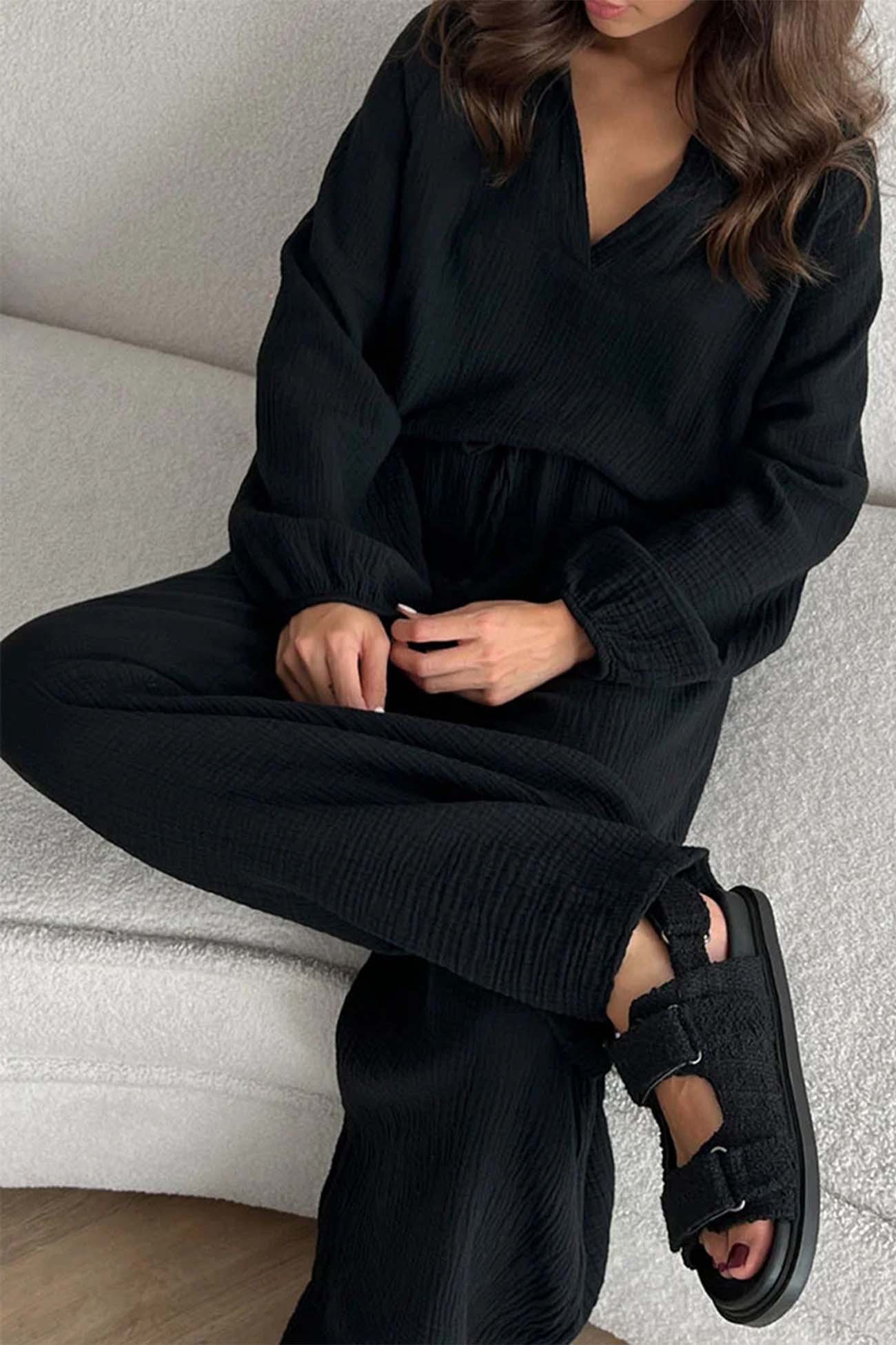 Neri - lapel drawstring wide leg pants two-piece set