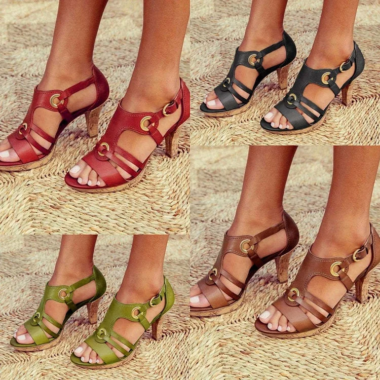 2026 Fashion Leather Open Toe Metal Buckle Women's High Heel Sandals