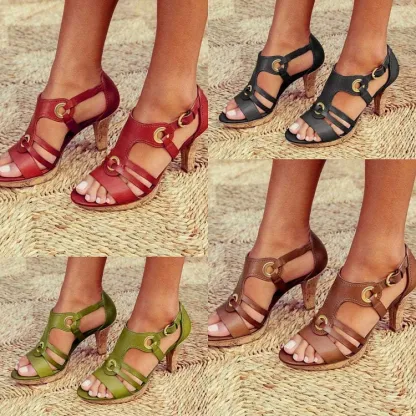 2026 Fashion Leather Open Toe Metal Buckle Women's High Heel Sandals