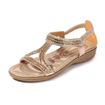 Sandals Hollow Triangle Rhinestone Sandals Soft Bottom Wedge Flat