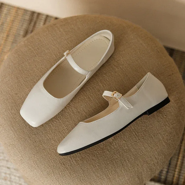 Mary Jane Square Head Retro Leather Flat Shoes