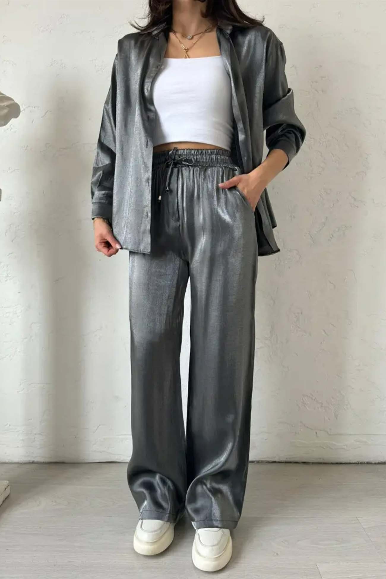 Noor - metallic shiny button down shirt long pant set