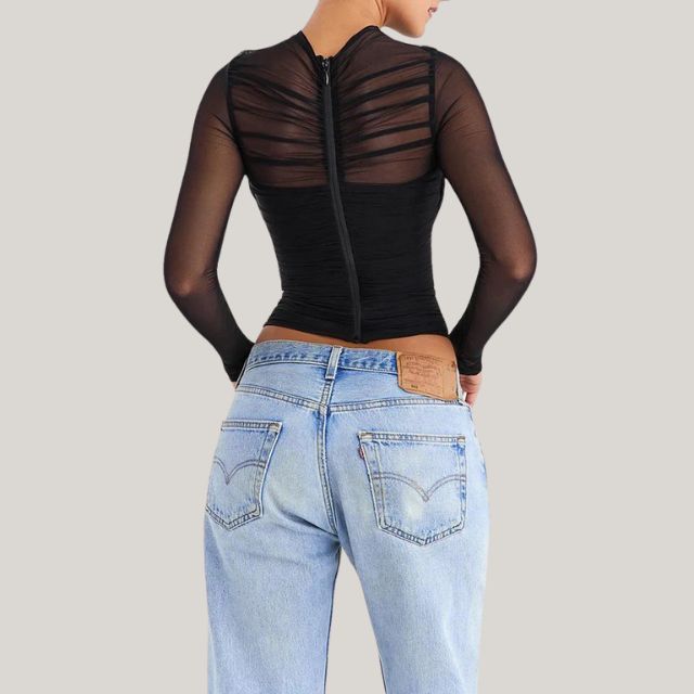 Mikaela - Sheer Mesh Top With Long Sleeves and Layered Wrap Design