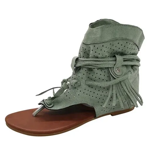 Retro Flat Tassel Cutout Thong Sandals