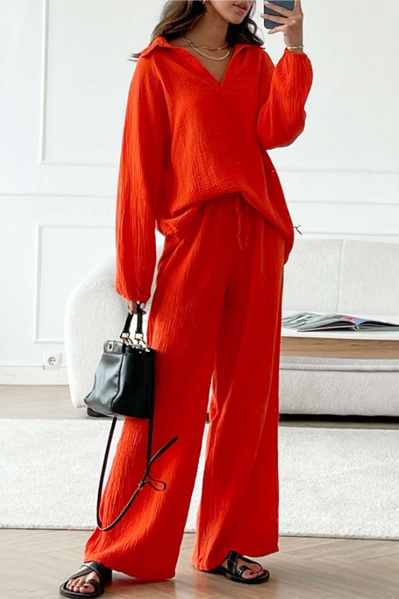Neri - lapel drawstring wide leg pants two-piece set