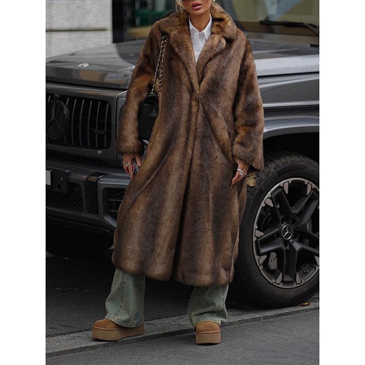 Elegant Faux Fur Trench Coat Long