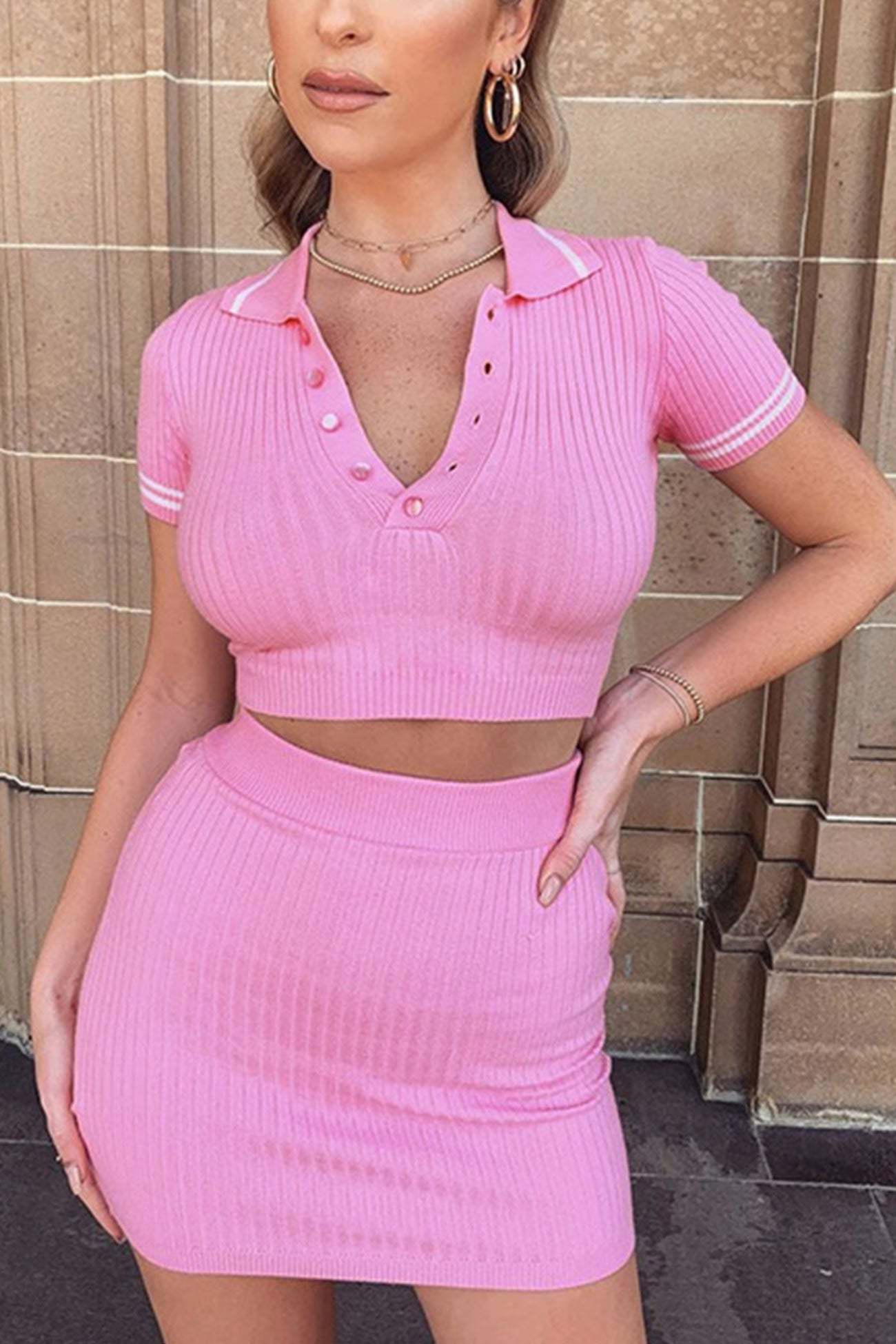 Aramina - button-down ribbed knit skirt set