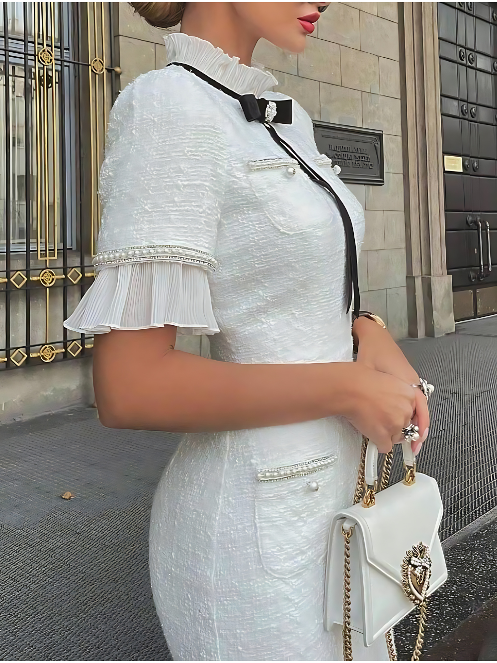 Tweed Pearl Trim Bow Formal Midi Dress