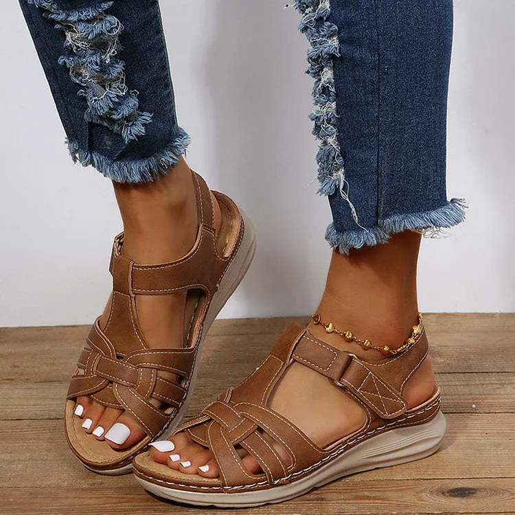 Women's Open Toe Wedge Velcro Sandals