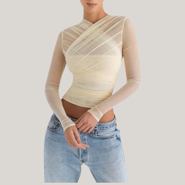 Mikaela - Sheer Mesh Top With Long Sleeves and Layered Wrap Design