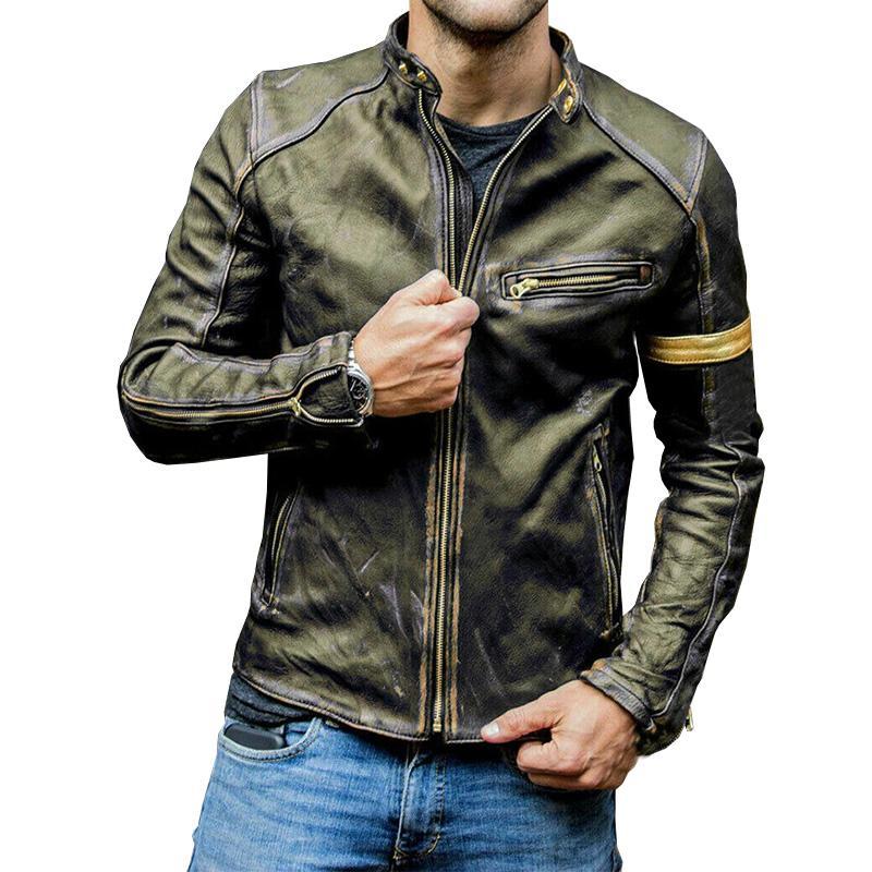 Men's Vintage Stand Collar Zipper Leather Jacket