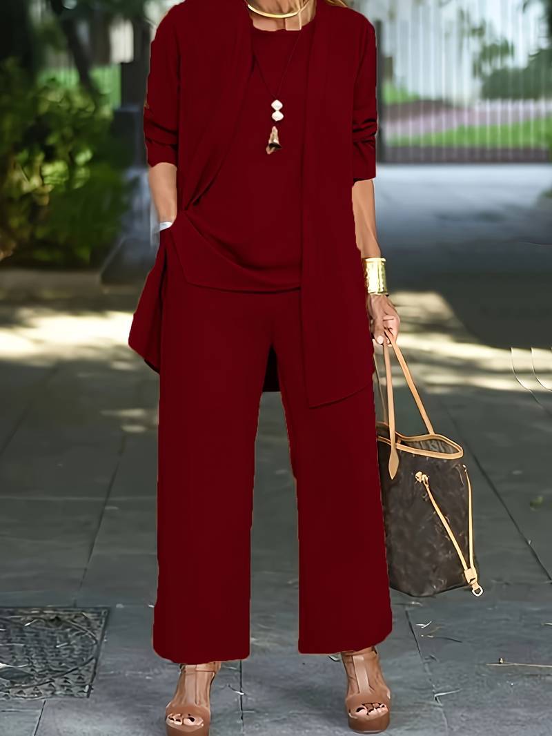 Evelyn – casual three-piece set with cardigan and long trousers