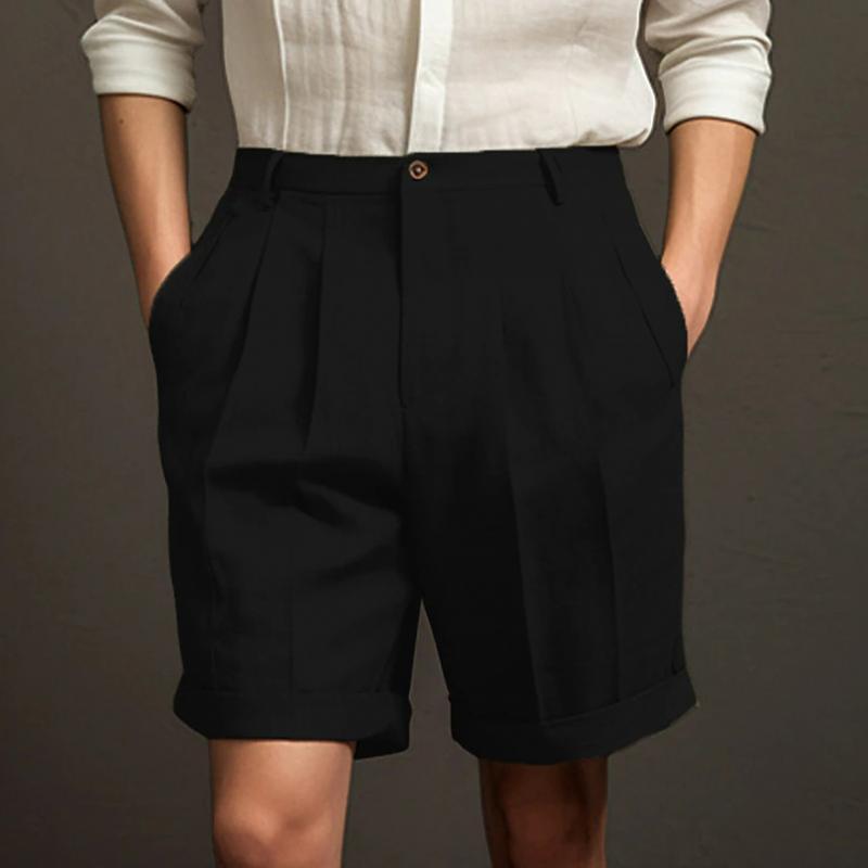 Men's Solid Linen Pleated Straight Casual Shorts