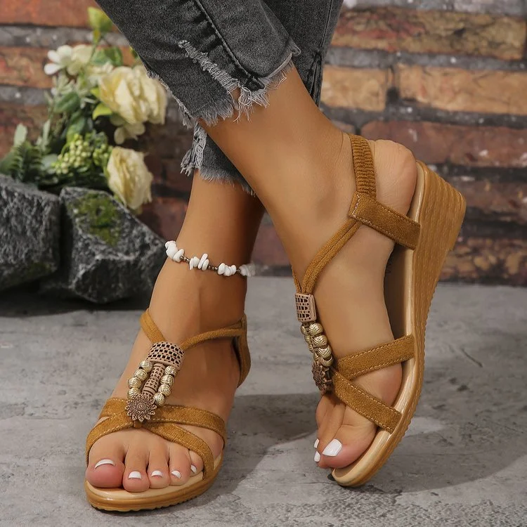 Beaded Mid Heel Slope Heel Flat Open Toe Sandals