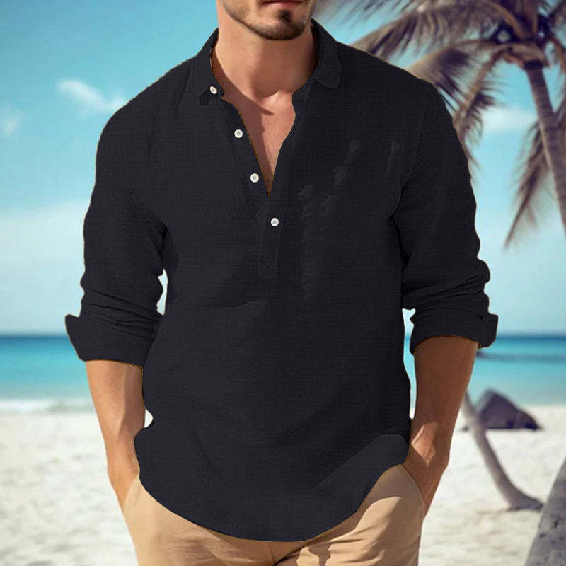 Men's Casual Solid Color Cotton Linen Blend Lapel Long-Sleeved Shirt