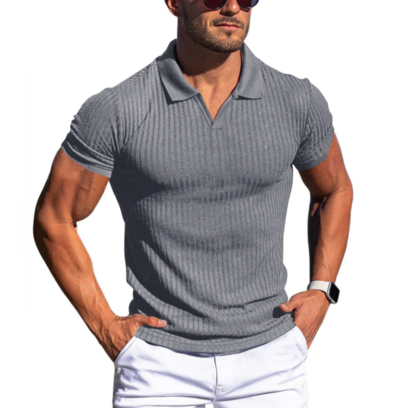 Men's Solid Striped Lapel Short Sleeve Shirt