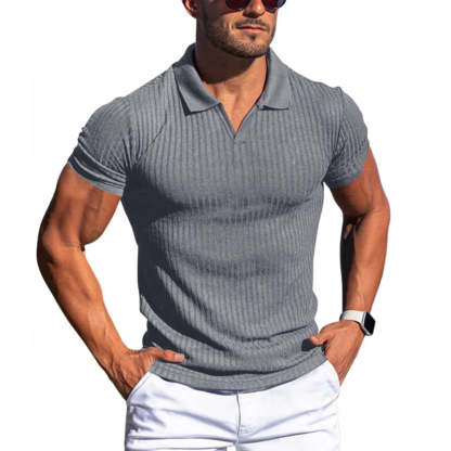 Men's Solid Striped Lapel Short Sleeve Shirt