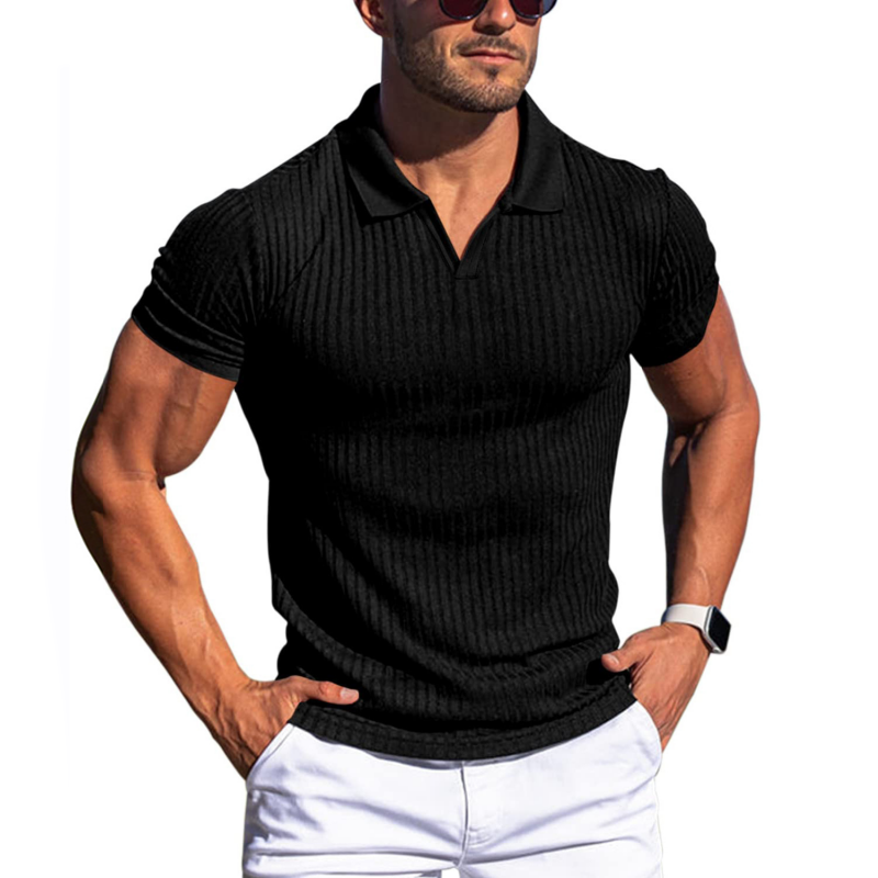 Men's Solid Striped Lapel Short Sleeve Shirt