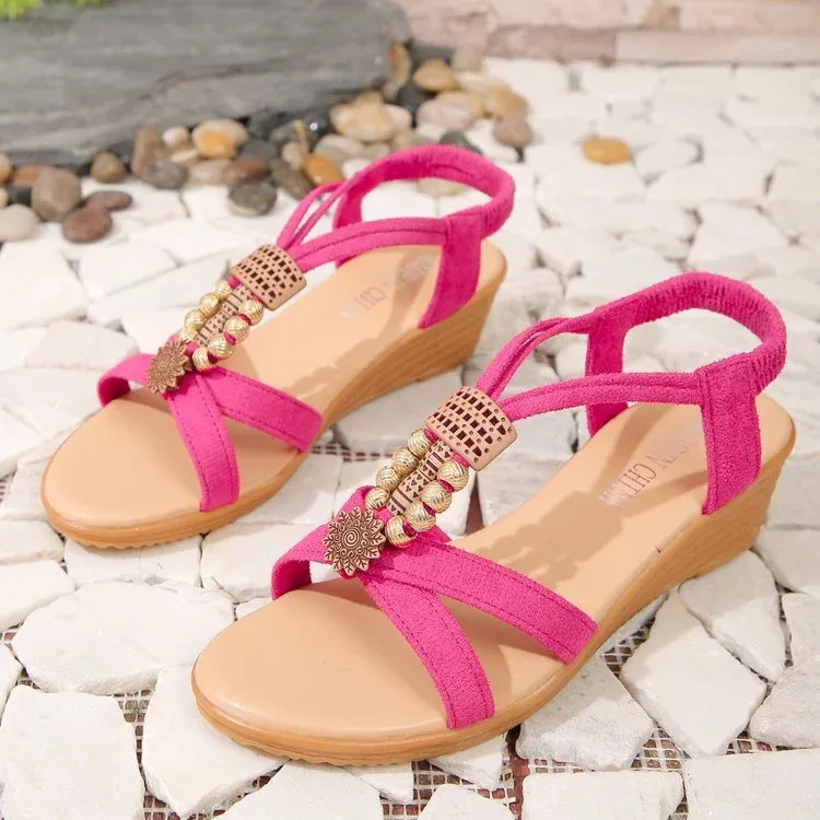 Beaded Mid Heel Slope Heel Flat Open Toe Sandals