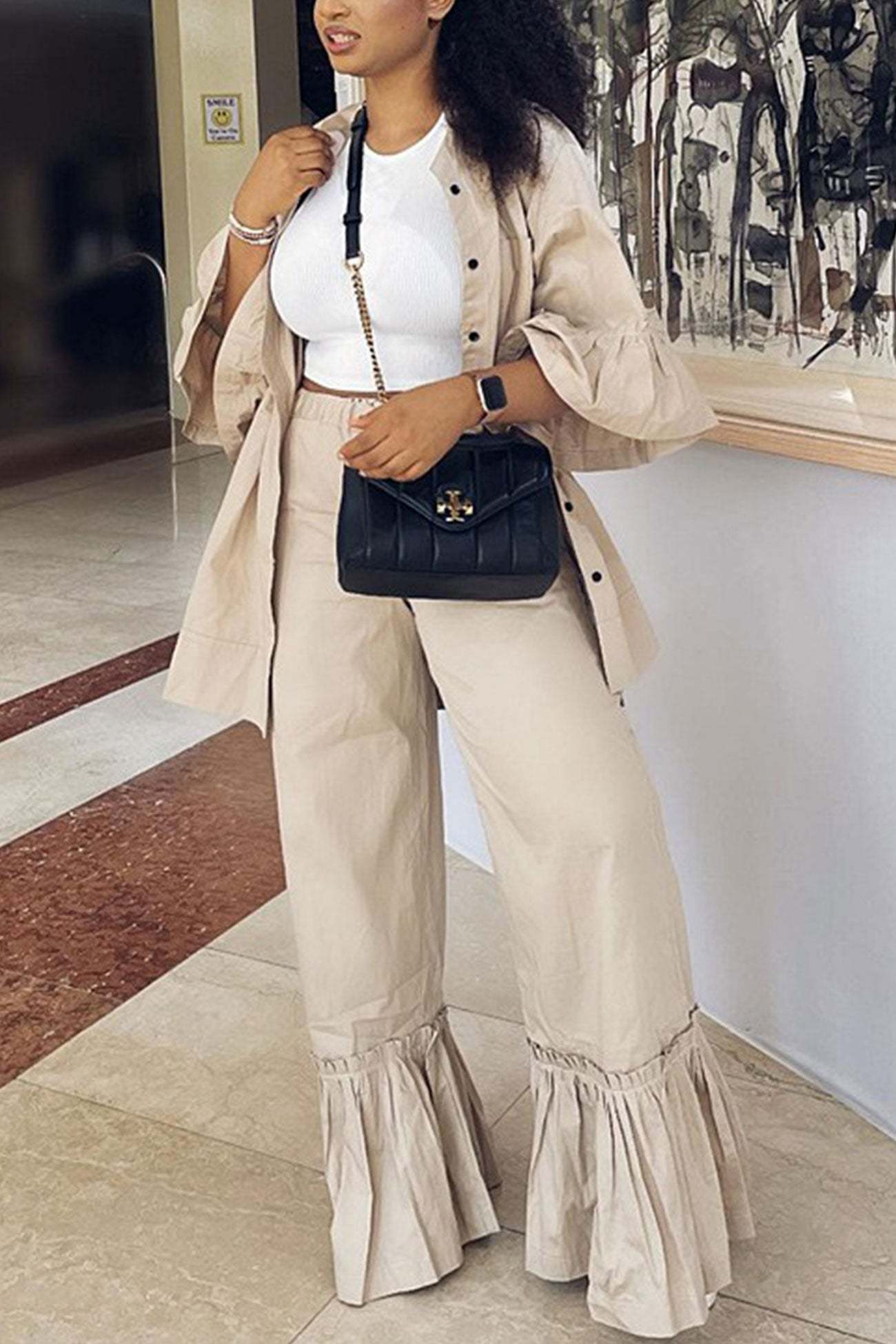 Hattie - ruffle half-sleeve shirt and flare pants set