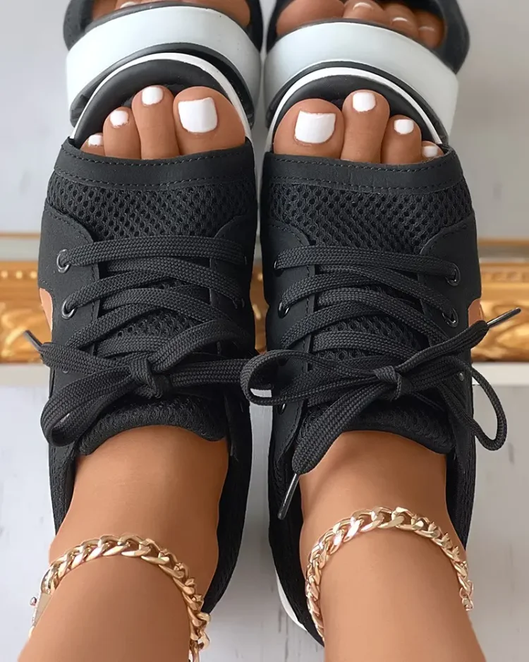 Orthopedic Contrast Paneled Cutout Lace-up Muffin Sandals
