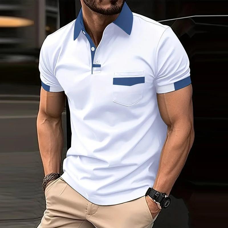 Men's Casual Color Block Pocket Short Sleeve Shirt