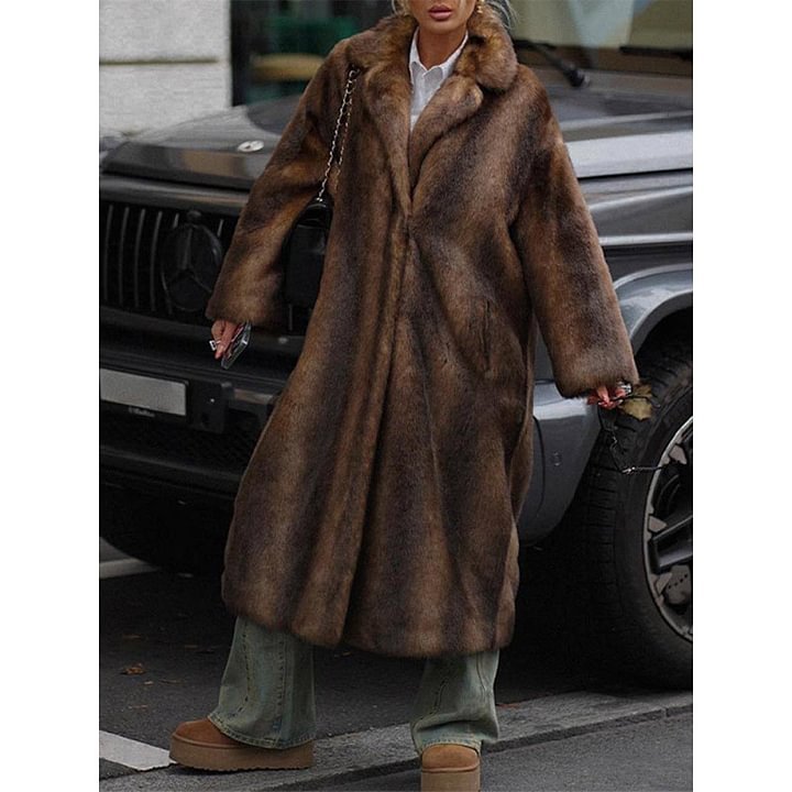 Elegant Faux Fur Trench Coat Long
