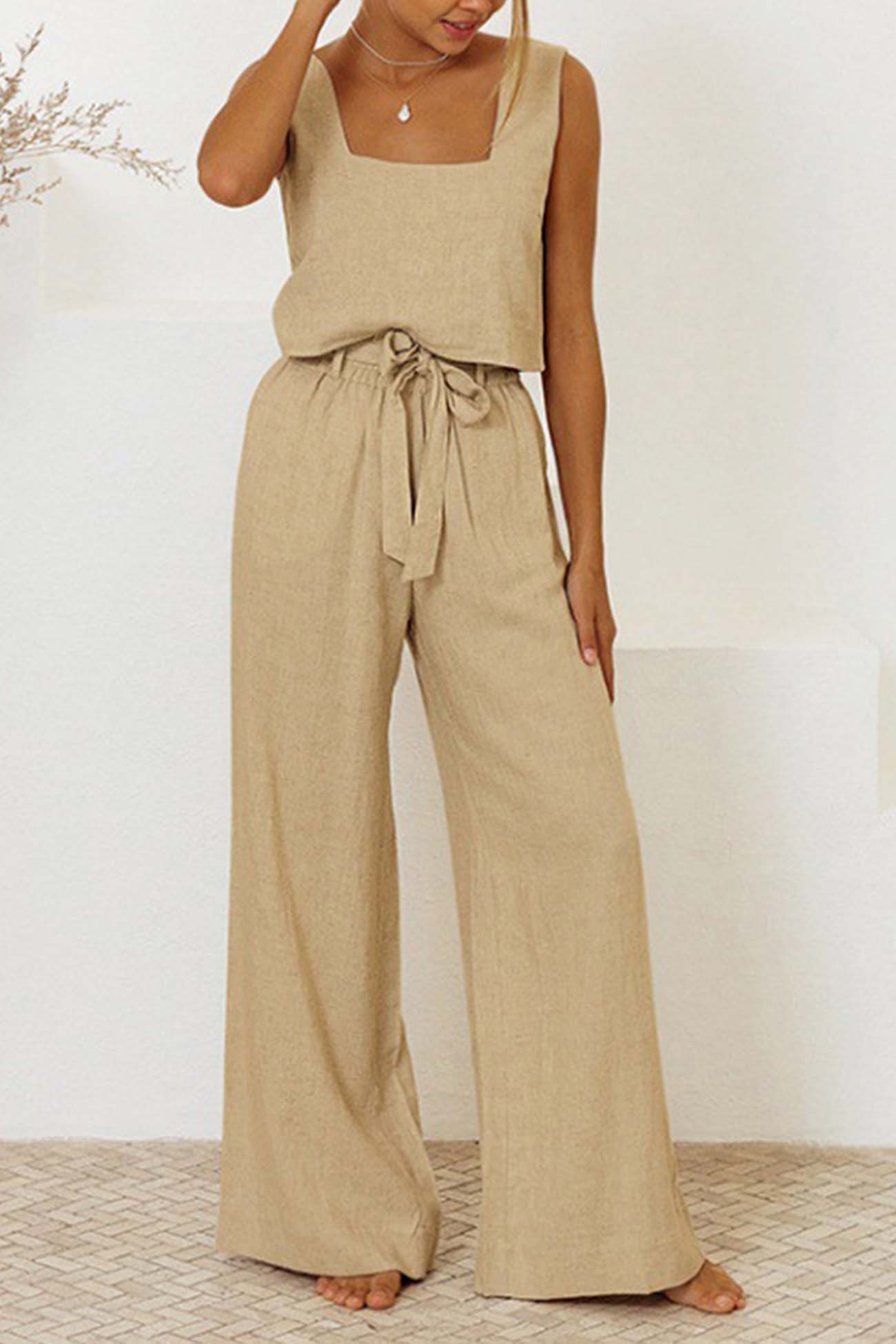 Anela - waist tie square neck pants set