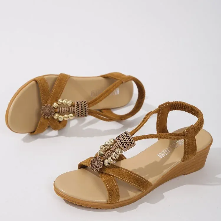 Beaded Mid Heel Slope Heel Flat Open Toe Sandals